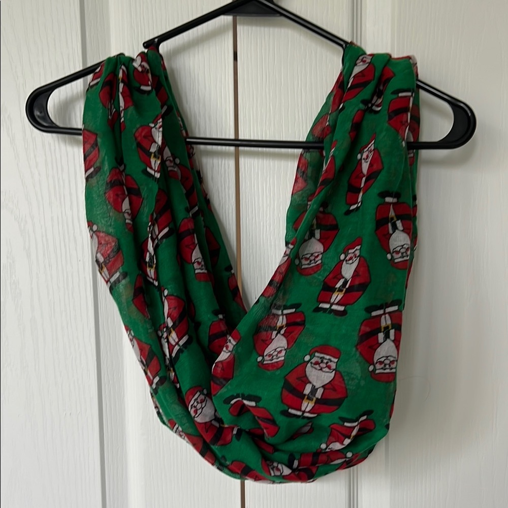 Green and Red Infinity Scarf with Santa Pattern